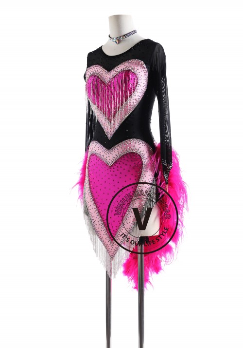 Pink Heart Feather Tail Latin Rhythm Competition Dance Dress