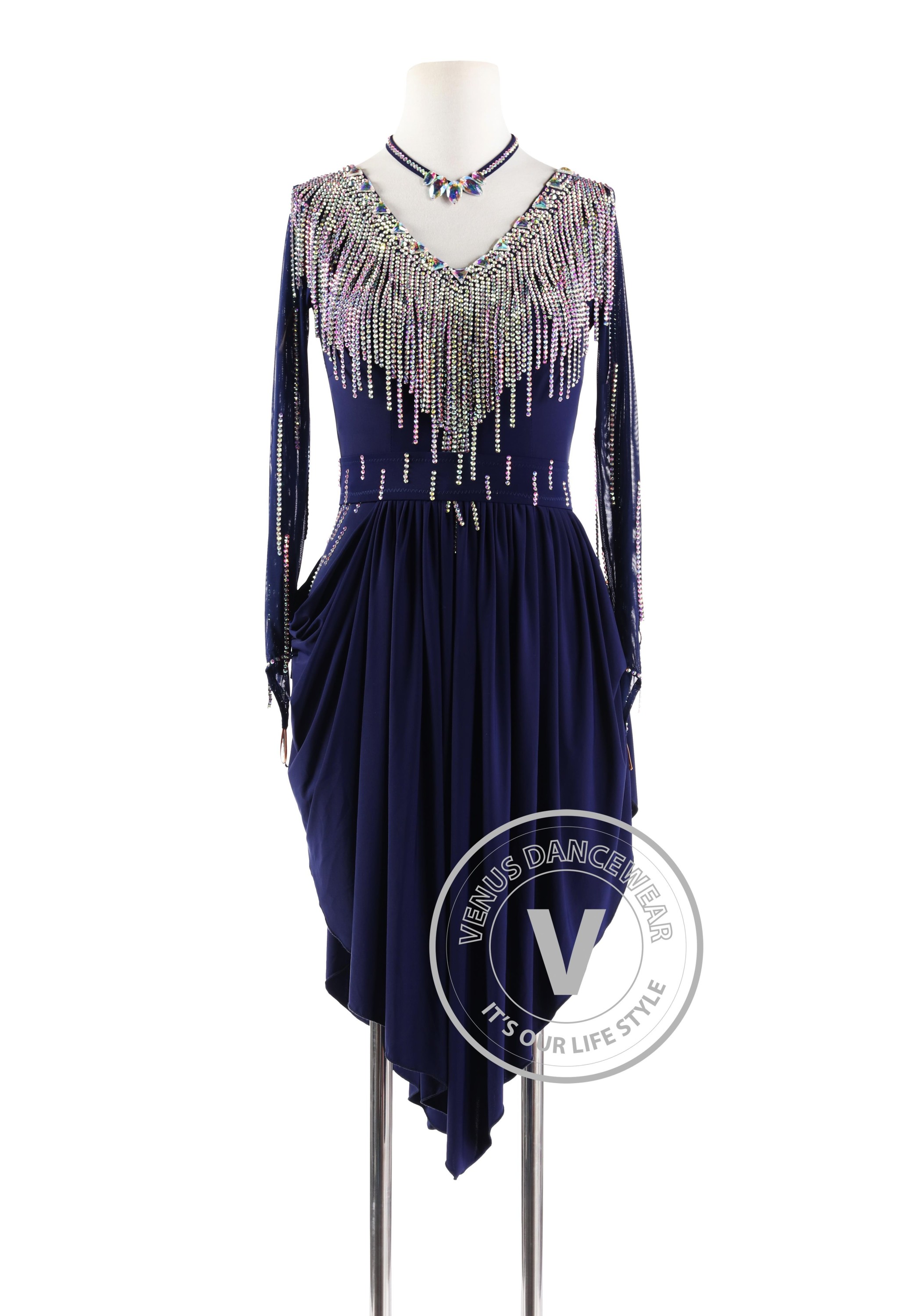 Dark Blue Beads Latin Rhythm Competition Dance Dress