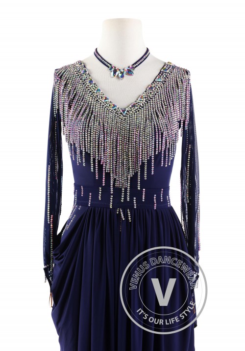 Dark Blue Beads Latin Rhythm Competition Dance Dress