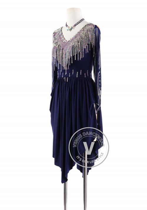 Dark Blue Beads Latin Rhythm Competition Dance Dress