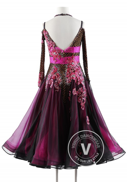 Fuchsia Floral with Fishnet Ballroom Smooth Competition Dance Dress