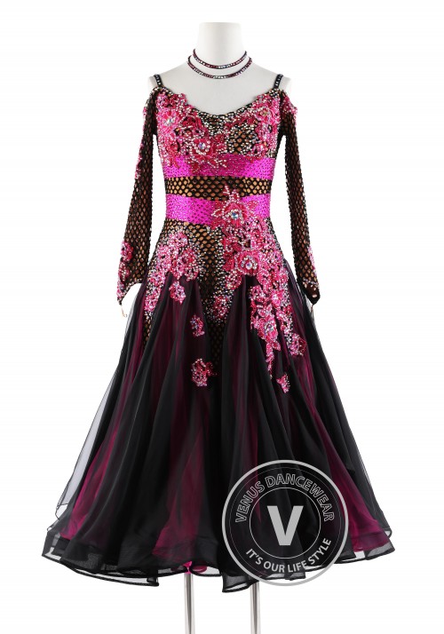 Fuchsia Floral with Fishnet Ballroom Smooth Competition Dance Dress