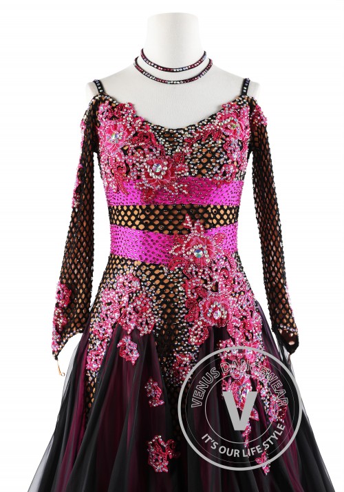 Fuchsia Floral with Fishnet Ballroom Smooth Competition Dance Dress