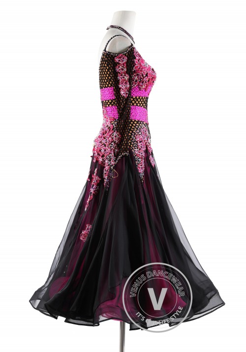 Fuchsia Floral with Fishnet Ballroom Smooth Competition Dance Dress