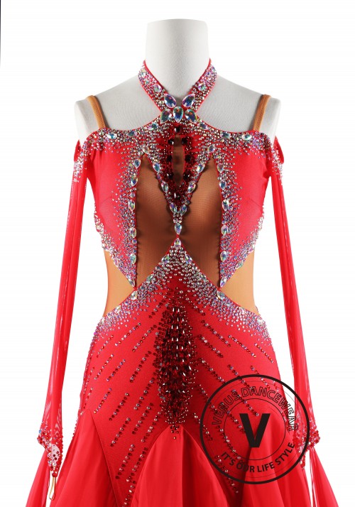 Red Halter Neck Ballroom Smooth Competition Dance Dress