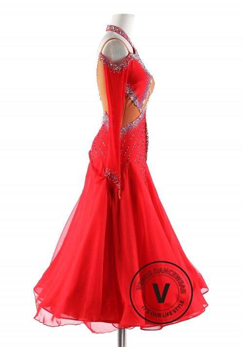 Red Halter Neck Ballroom Smooth Competition Dance Dress