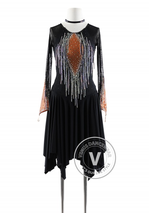 Black with Crystal Ffringe Beads Latin Rhythm Competition Dance Dress