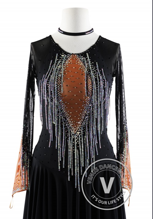 Black with Crystal Ffringe Beads Latin Rhythm Competition Dance Dress