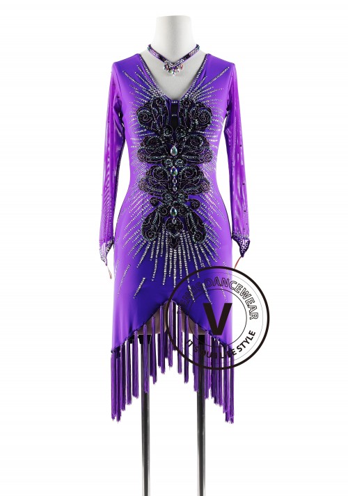 Purple Blue Iris with Tassels Latin Rhythm Competition Dance Dress