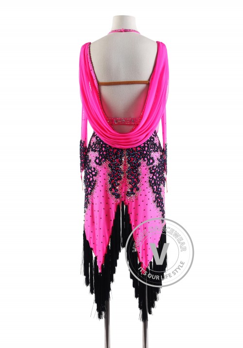 Rose Pink Mesh Draped with Black Tassels Latin Rhythm Competition Dance Dress