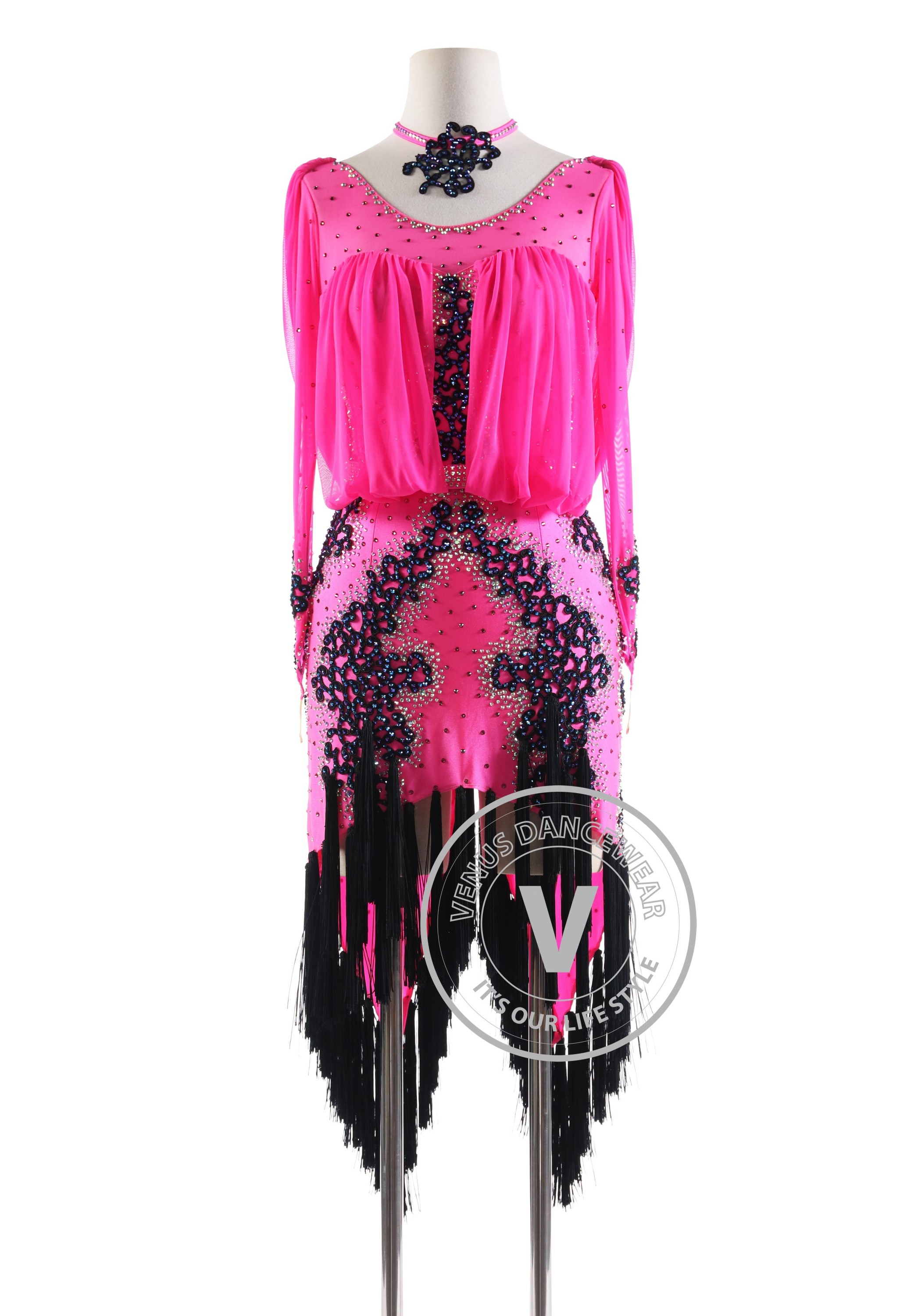 Rose Pink Mesh Draped with Black Tassels Latin Rhythm Competition Dance Dress