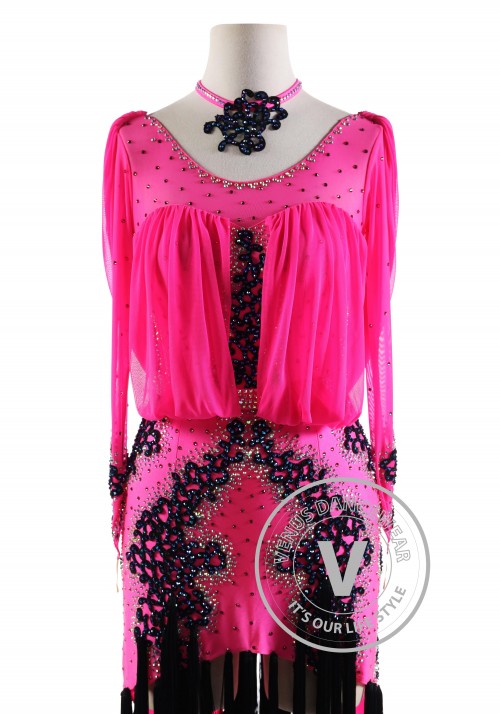 Rose Pink Mesh Draped with Black Tassels Latin Rhythm Competition Dance Dress