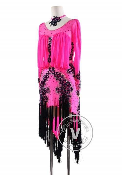 Rose Pink Mesh Draped with Black Tassels Latin Rhythm Competition Dance Dress