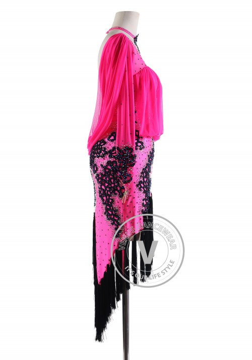 Rose Pink Mesh Draped with Black Tassels Latin Rhythm Competition Dance Dress