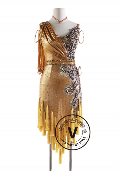 Gold  Tassels with Appliques Beads Latin Rhythm Competition Dance Dress