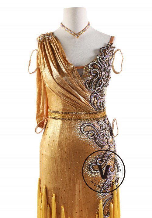 Gold  Tassels with Appliques Beads Latin Rhythm Competition Dance Dress