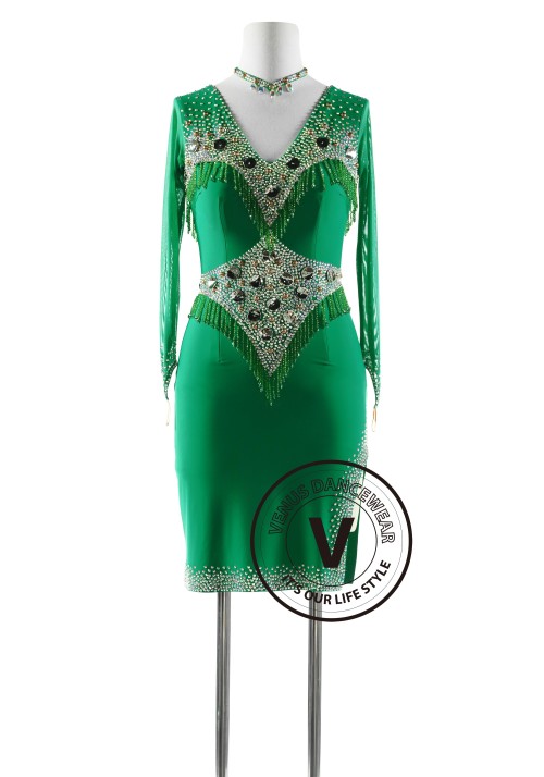 Deep Jade with Bead buttons Latin Rhythm Competition Dance Dress