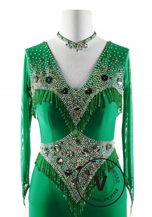 Deep Jade with Bead buttons Latin Rhythm Competition Dance Dress