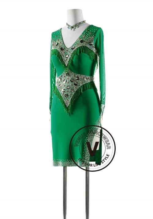 Deep Jade with Bead buttons Latin Rhythm Competition Dance Dress