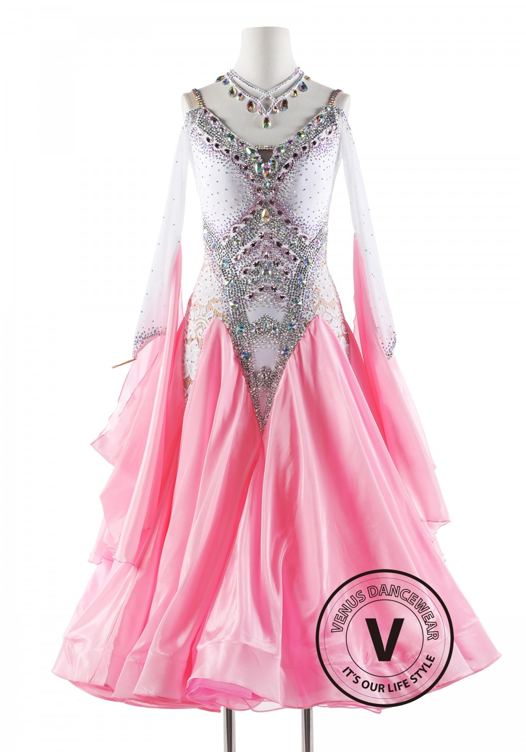 Baby Pink Pearl Silk Ballroom Smooth Competition Dance Dress