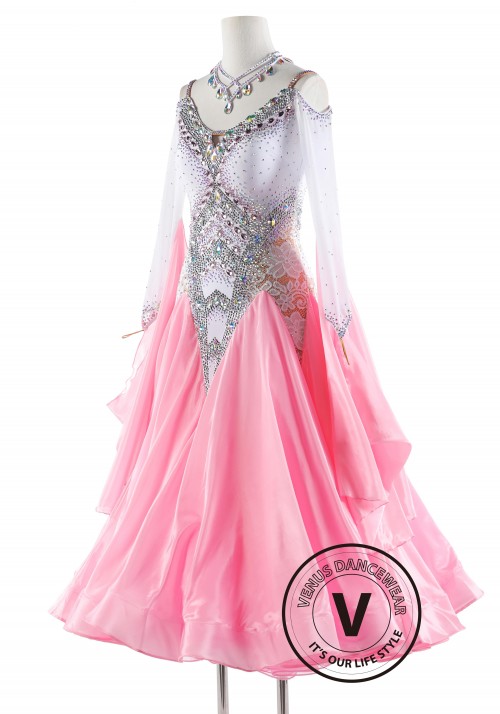 Baby Pink Pearl Silk Ballroom Smooth Competition Dance Dress