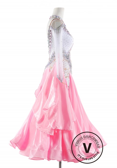 Baby Pink Pearl Silk Ballroom Smooth Competition Dance Dress