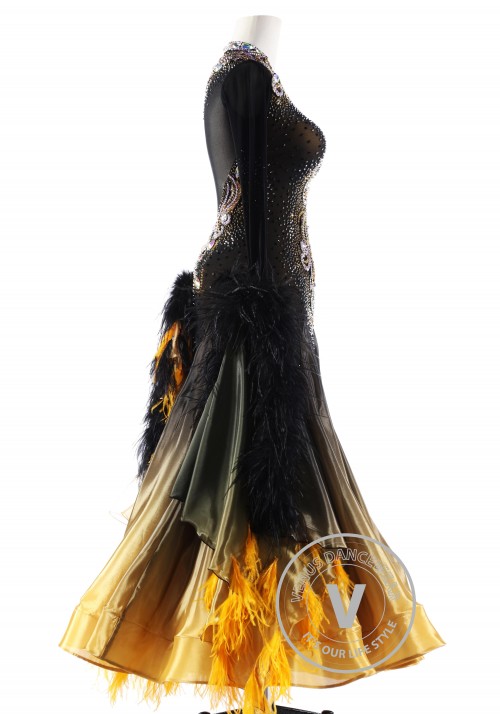 Black Gold Shading Silk with Ostrich Feather Ballroom Smooth Competition Dance Dress