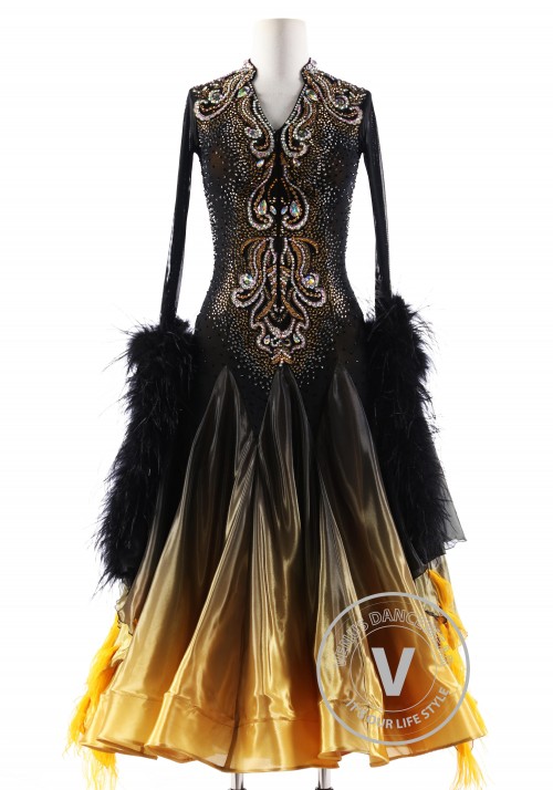 Black Gold Shading Silk with Ostrich Feather Ballroom Smooth Competition Dance Dress