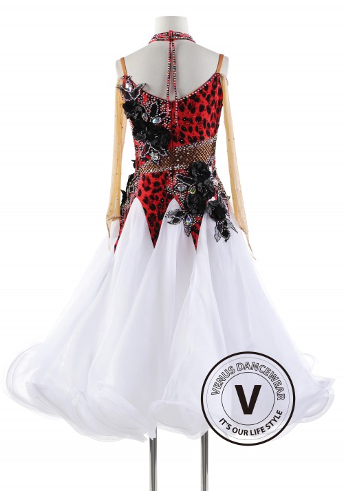 Red Leopard Print with Black 3D Flora Ballroom Smooth Competition Dance Dress