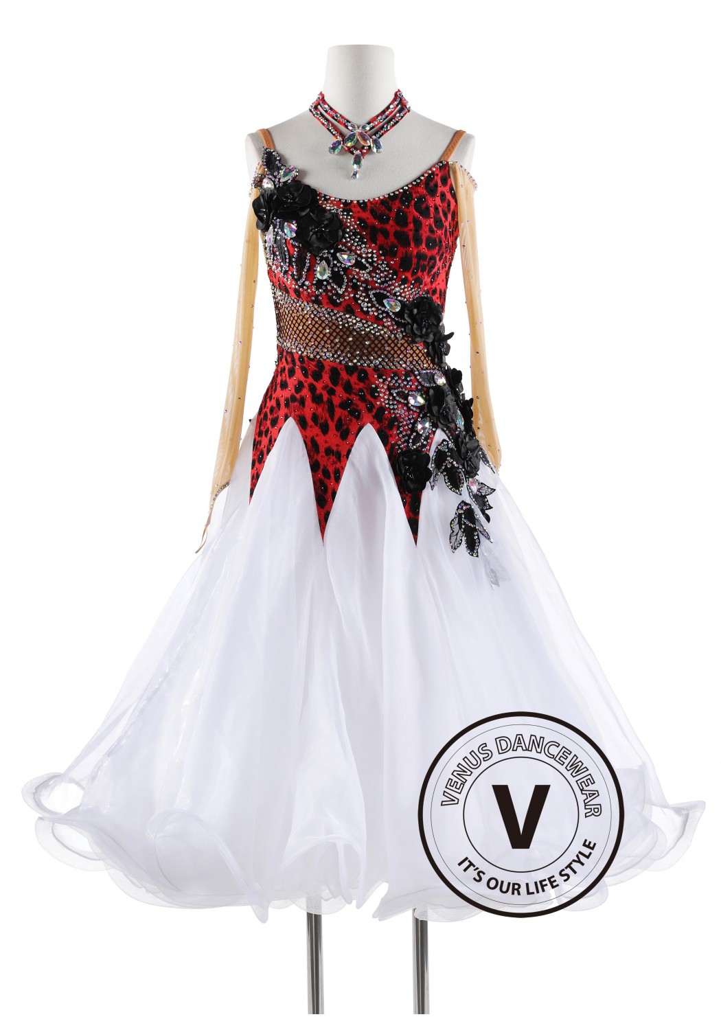 Red Leopard Print with Black 3D Flora Ballroom Smooth Competition Dance Dress