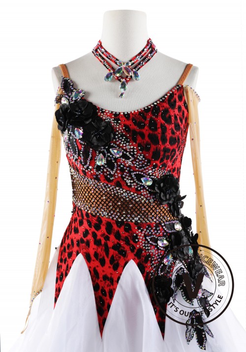 Red Leopard Print with Black 3D Flora Ballroom Smooth Competition Dance Dress