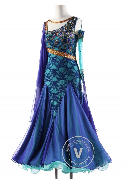 Peacock Blue Tencel Ballroom Smooth Competition Dance Dress