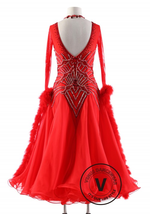 Red Lotus Leaf Pattern with Rabbit 's Hair Floats Ballroom Smooth Competition Dance Dress