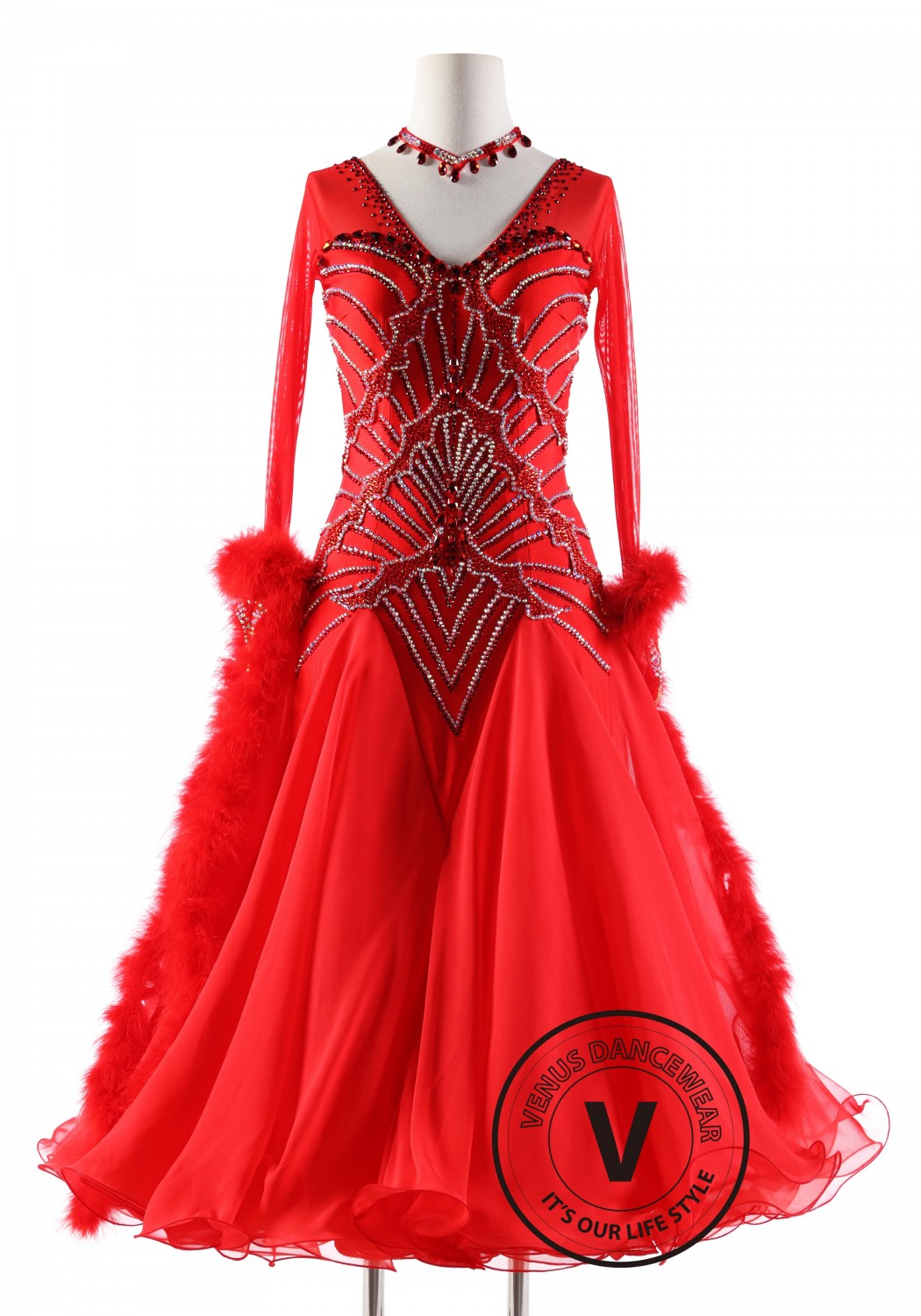 Red Lotus Leaf Pattern with Rabbit 's Hair Floats Ballroom Smooth  Competition Dance Dress - Venus Dancewear - Your Private Dancewear Tailor