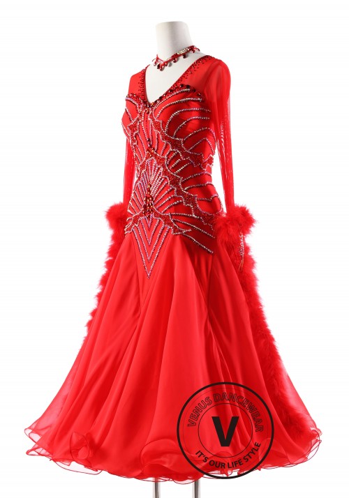 Red Lotus Leaf Pattern with Rabbit 's Hair Floats Ballroom Smooth Competition Dance Dress