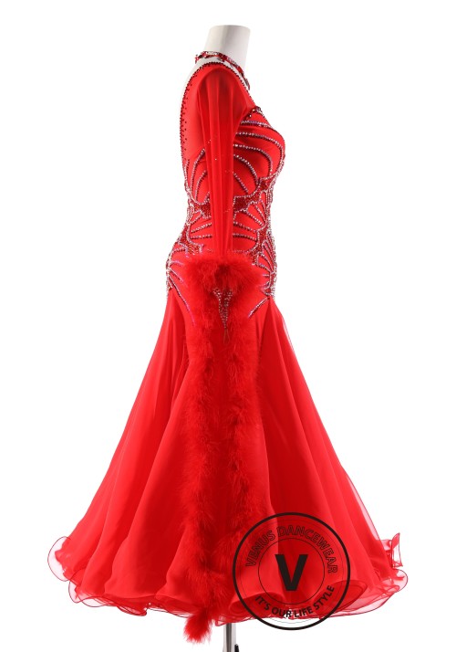 Red Lotus Leaf Pattern with Rabbit 's Hair Floats Ballroom Smooth Competition Dance Dress