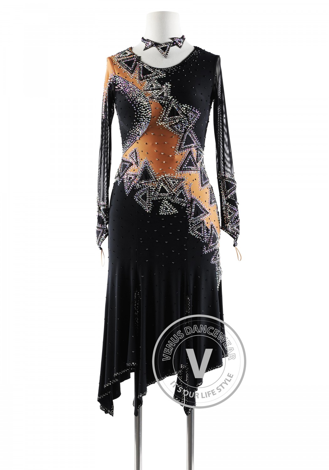 Black Color Triangular Geometry Style Latin Rhythm Competition Dance Dress