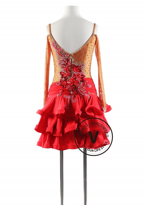 Red Floral with Three Layers Flounce Skirt Latin Rhythm Competition Dance Dress