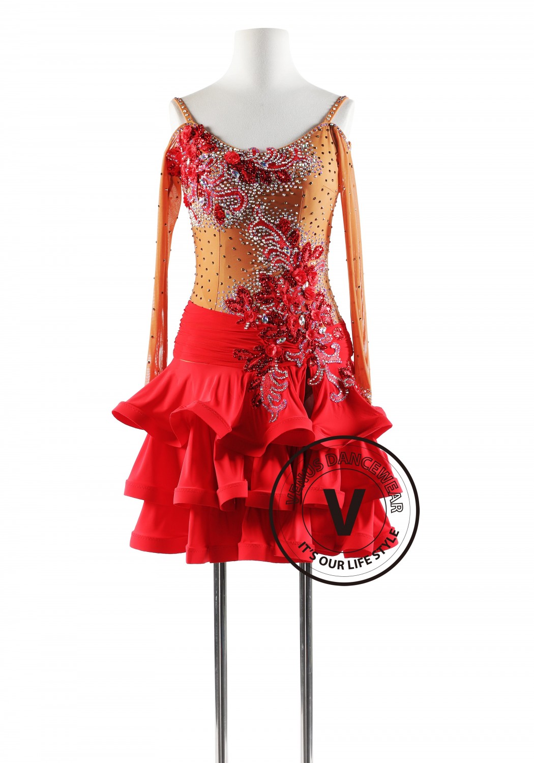 Red Floral with Three Layers Flounce Skirt Latin Rhythm Competition Dance Dress