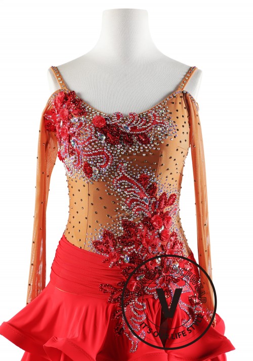 Red Floral with Three Layers Flounce Skirt Latin Rhythm Competition Dance Dress