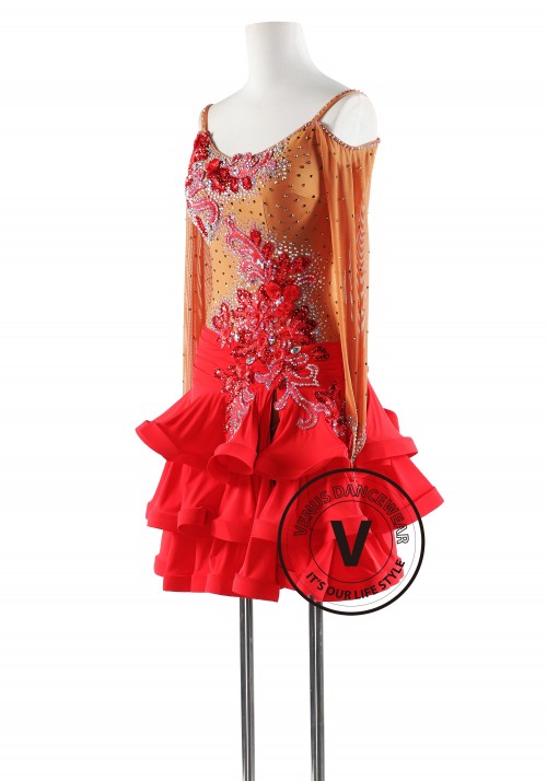 Red Floral with Three Layers Flounce Skirt Latin Rhythm Competition Dance Dress