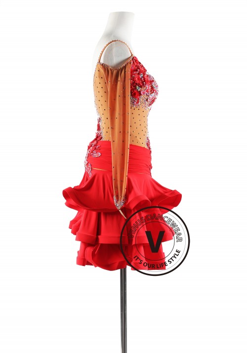 Red Floral with Three Layers Flounce Skirt Latin Rhythm Competition Dance Dress