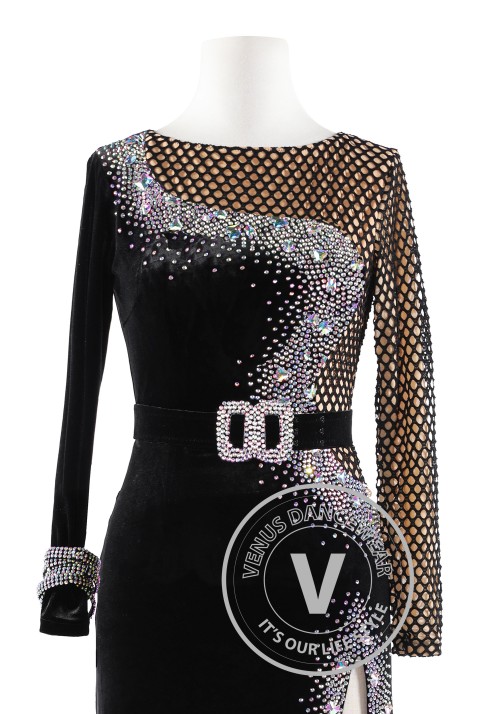 Black Velvet with Netting Latin Rhythm Competition Dance Dress