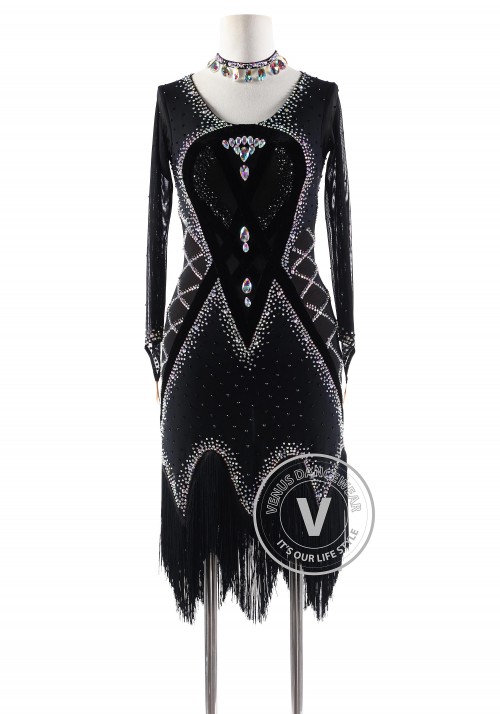 Black Drop with Fringe Skirt Latin Rhythm Competition Dance Dress