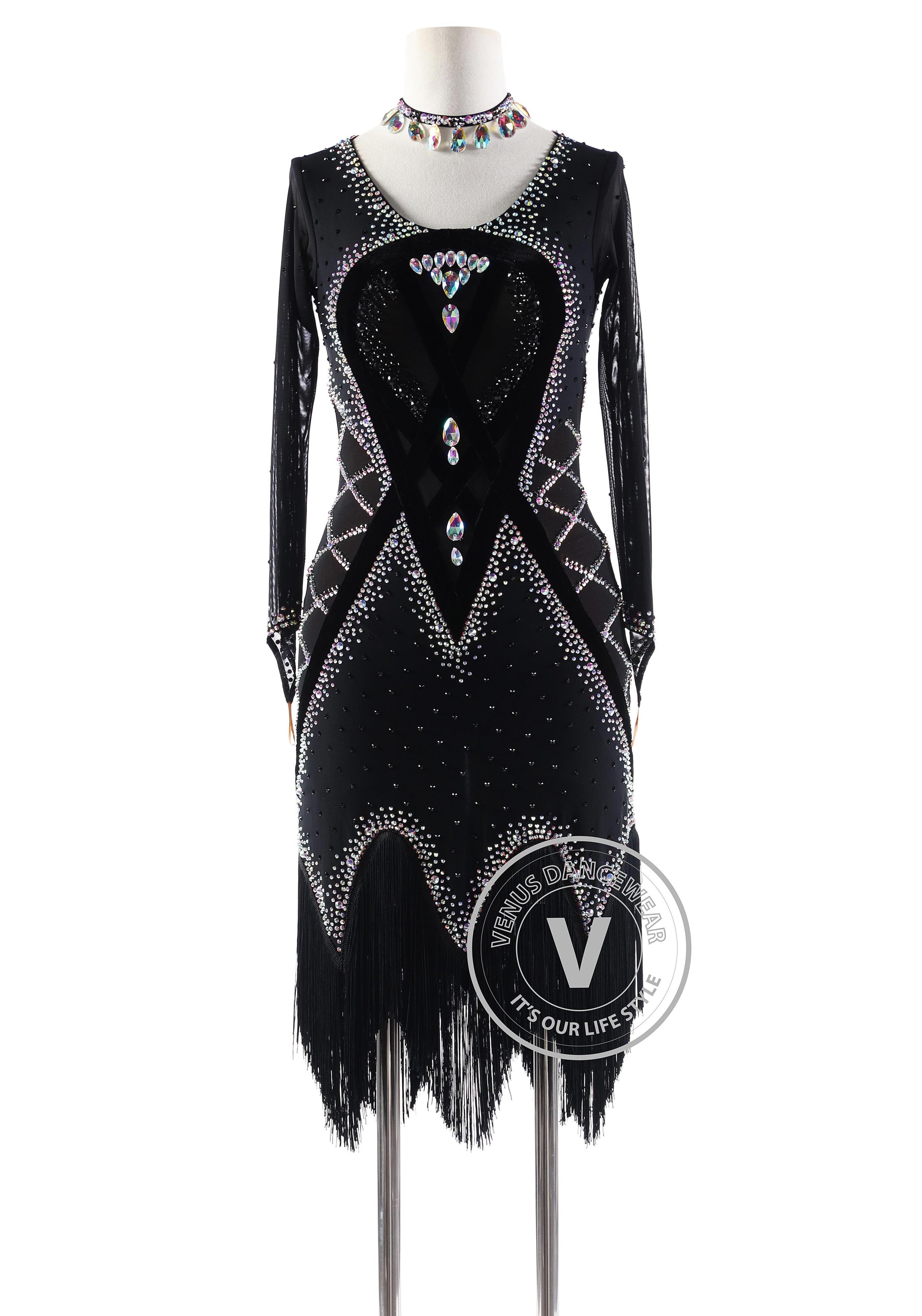 Black Drop with Fringe Skirt Latin Rhythm Competition Dance Dress