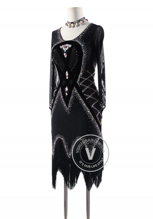 Black Drop with Fringe Skirt Latin Rhythm Competition Dance Dress