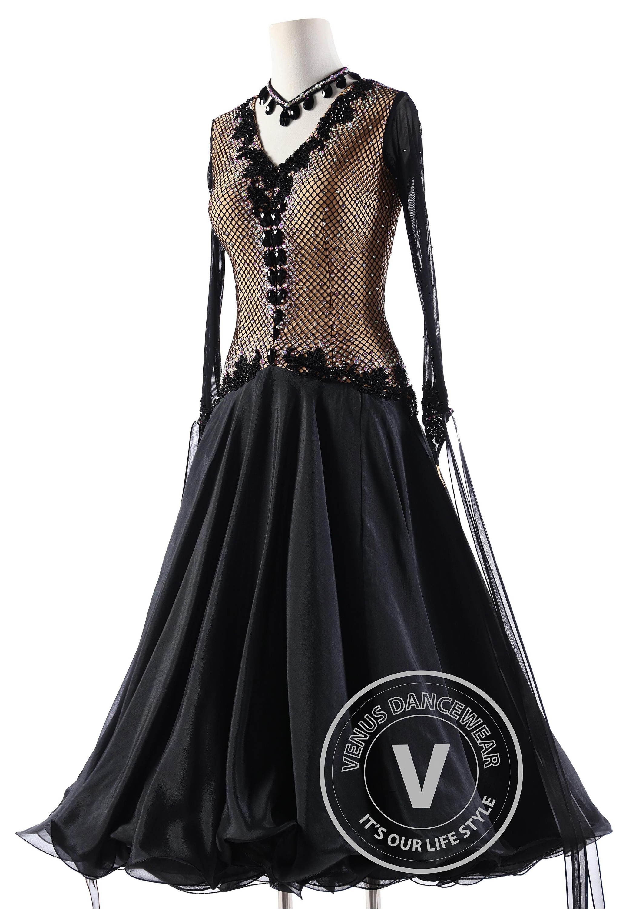 Black Netting with Heart Ballroom Smooth Competition Dance Dress