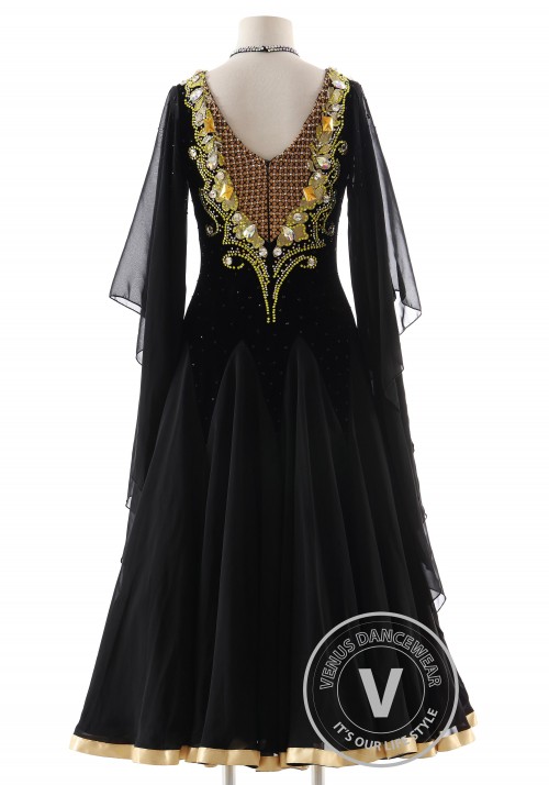 Black Velvet with Gold Appliques Ballroom Smooth Competition Dance Dress