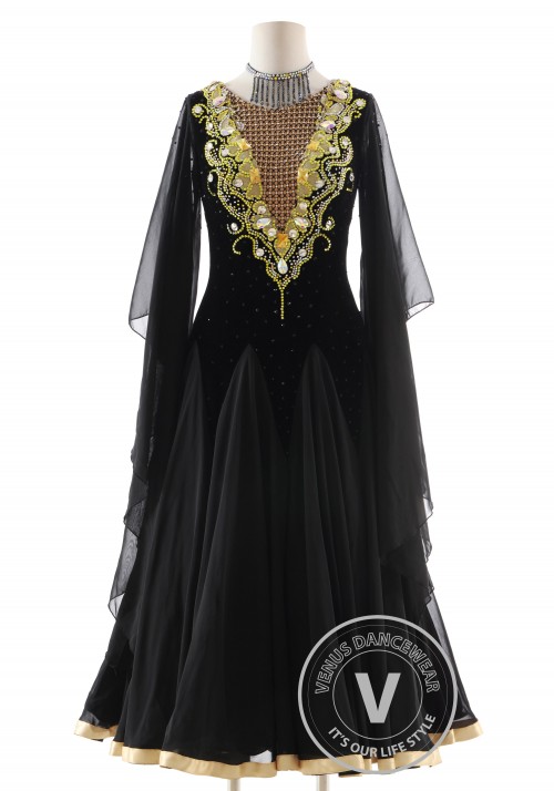 Black Velvet with Gold Appliques Ballroom Smooth Competition Dance Dress