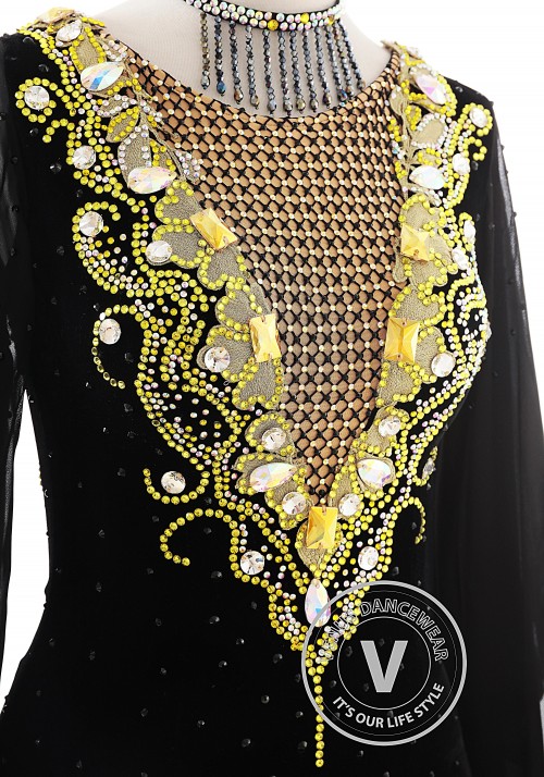 Black Velvet with Gold Appliques Ballroom Smooth Competition Dance Dress